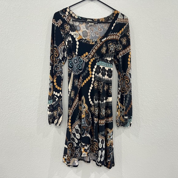 Charlotte Russe Dresses & Skirts - Charlotte Russe Womens L Brown Black Paisley Long Sleeve Dress Y2K Boho